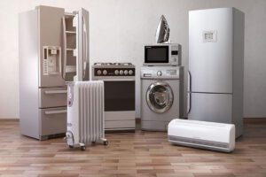 Household items including Fridges, washing machines, kitchen stoves, Iron, Air conditioner and walking bag.